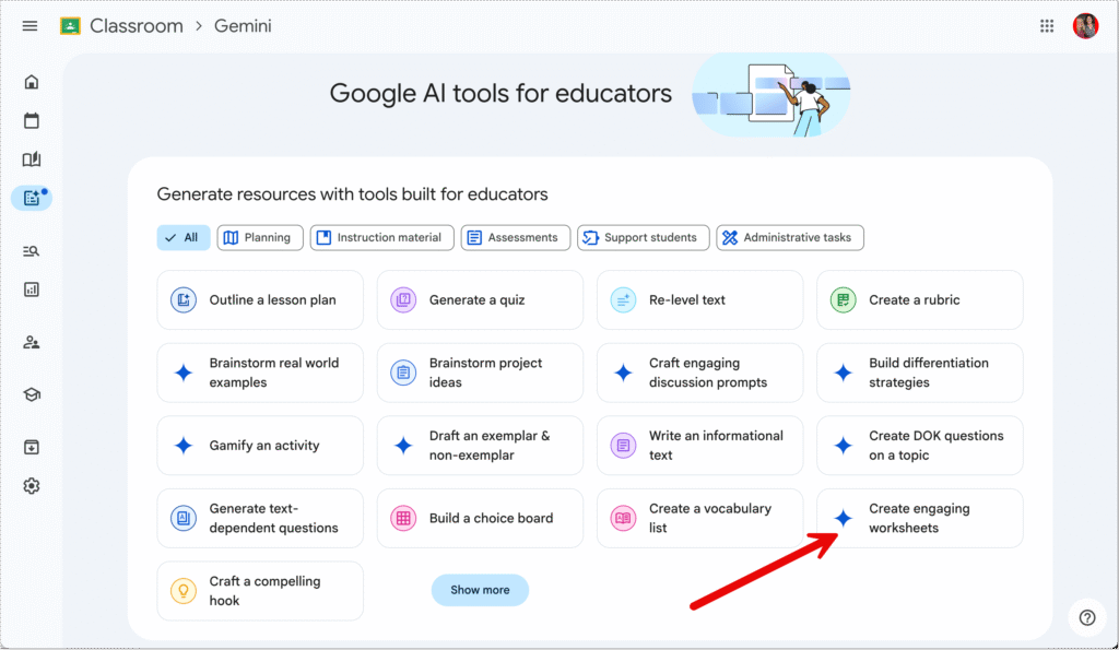 Screenshot of Gemini buttons in Google Classroom with an arrow pointing at Engaging Worksheet