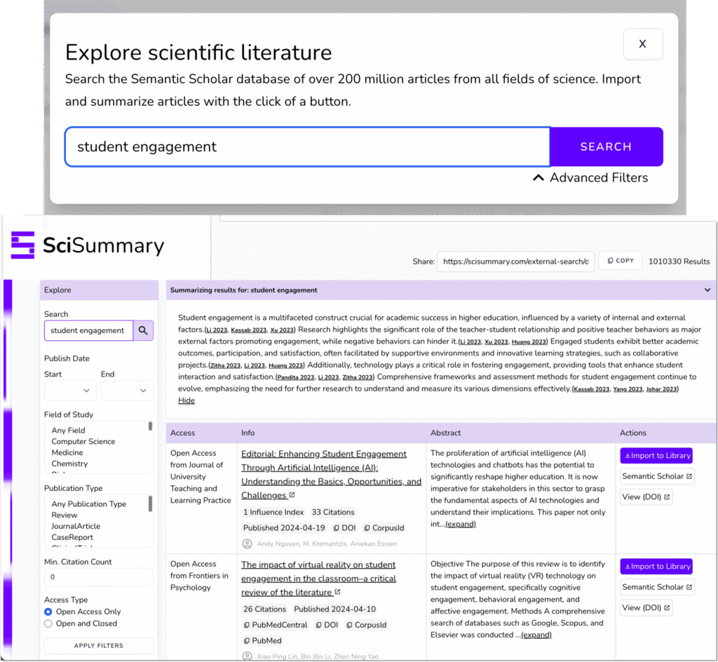 A screenshot of the SciSummary website displays a search for "student engagement" within its scientific literature database. The results page shows a generated summary for the topic at the top, followed by a list of relevant research articles. Each article in the list includes its title, an abstract snippet, publication details, and action buttons to import or view the full document, while a left-hand sidebar provides options to filter the results by criteria such as publication date and field of study.