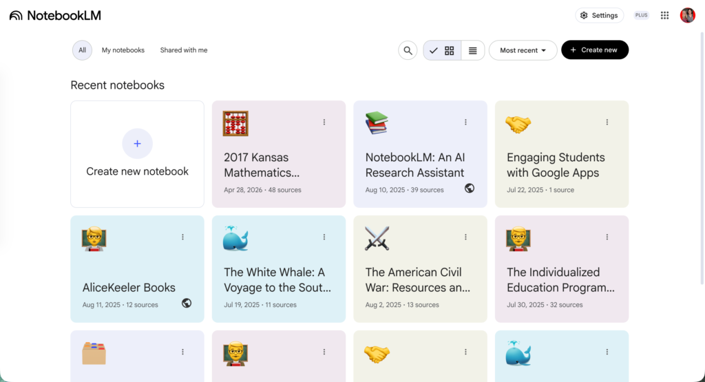 A screenshot of the Google NotebookLM dashboard interface shows a grid of "Recent notebooks" organized as colorful square tiles on a light gray background. The top navigation bar includes the NotebookLM logo on the left, filters for "All," "My notebooks," and "Shared with me," alongside search, layout toggle, sorting options, and a black "Create new" button. The primary tile in the grid is a white "Create new notebook" square with a central blue plus icon. The surrounding tiles feature individual notebooks with distinct pastel background colors, decorative emojis like an abacus, books, a whale, or crossed swords, bold text titles including "2017 Kansas Mathematics...", "NotebookLM: An AI Research Assistant," and "AliceKeeler Books," and metadata displaying the creation date and the number of sources.